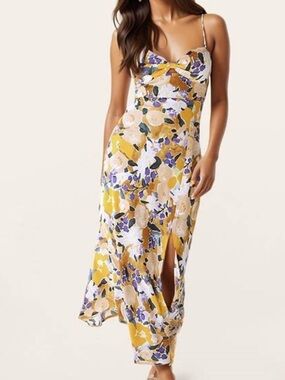 Luxedo Breezing Through yellow Floral Print Midi Slip Dress Side Slit L NWT